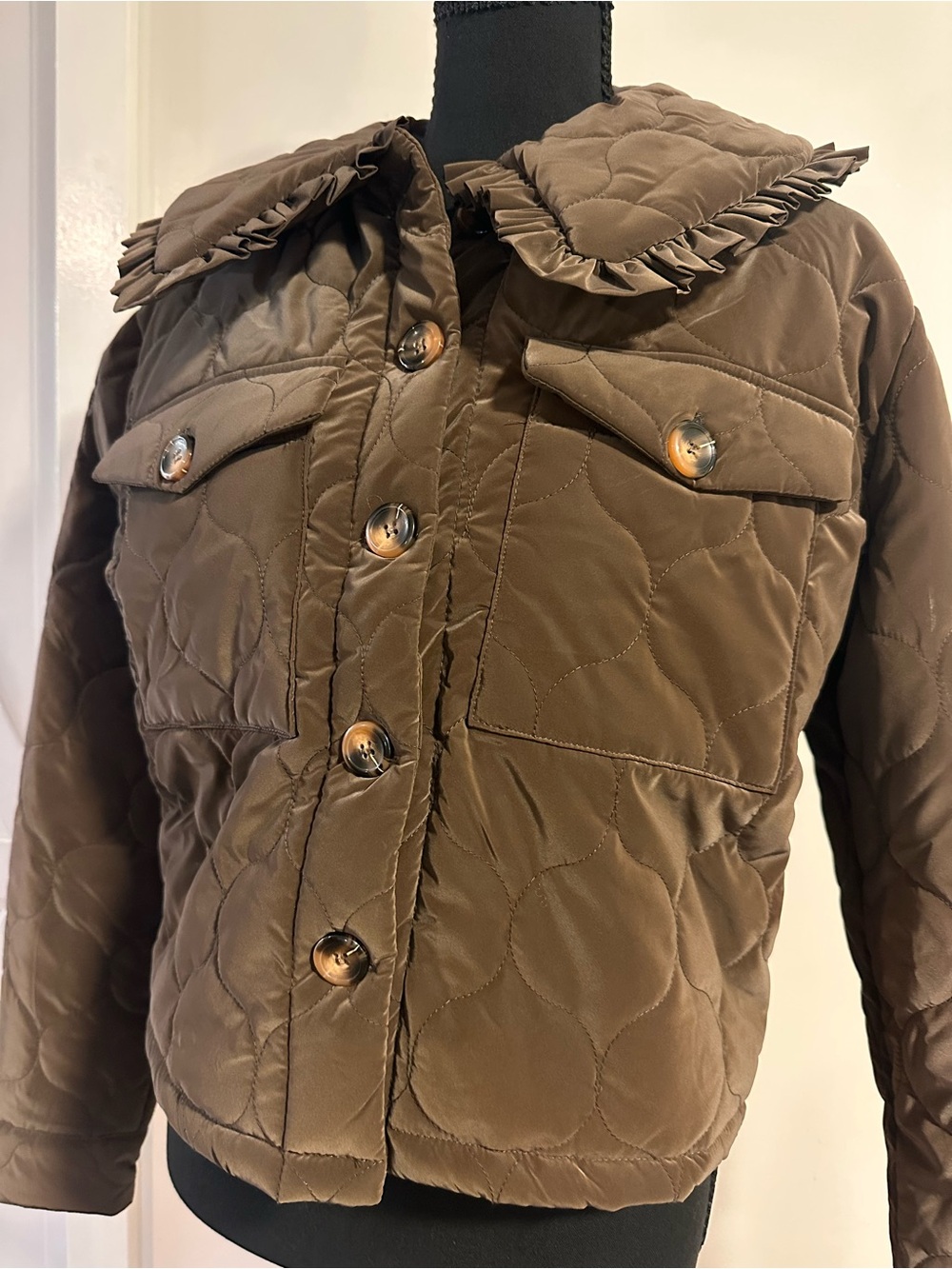 Quilted Brown Puffer Jacket with Ruffle Collar